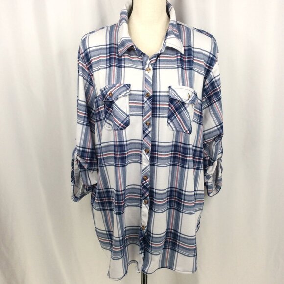 Eden & Olivia Plaid Top Womens Plus Size 3X Long Roll Tab Sleeve Button Down - Picture 1 of 7
